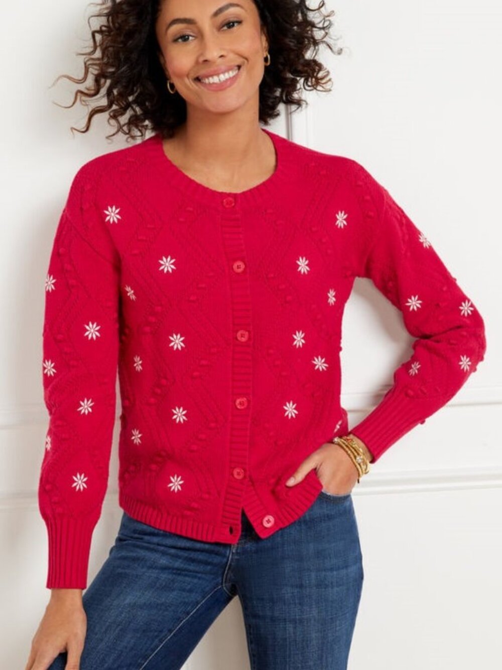 Talbots Petite red embroidered bobble cardigan, Excellent used condition, size S